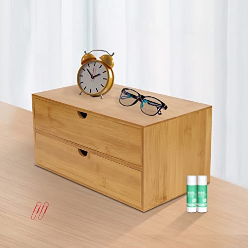 DSYOGX Mini 2 Schubladenbox, Aufbewahrungsbox mit Schubladen, Bambus Holz Schreibtisch Schublade für Briefmarken, Notizen, Büroklammern, Scheren, Tickets von DSYOGX