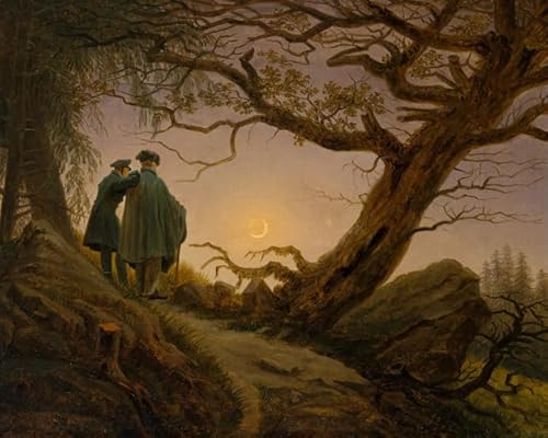 DTAUPREB Malen-nach-Zahlen-Set für Anfänger zwei Männer betrachten den Mond Caspar David Friedrich DIY-Ölgemälde digitales Malen-nach-Zahlen-Set auf Leinwand von DTAUPREB