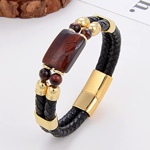 DTGUK 1 Stück Steinarmband für Frauen, Magnetverschluss, Schmuck, schwarzes Leder, Seil, Kette, Armband, rotes Tigerauge, 19 cm von DTGUK