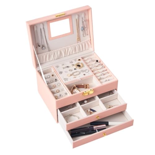 Aufbewahrungsbox Dreischichtige Aufbewahrungsbox For Schmuck Aus Leder, Multifunktionale Schmuckschatulle For Ohrringe, Retro-Ring-Aufbewahrungsbox, Schmuckschatulle Display-Aufbewahrungsbox(Pink) von DTQBYOY