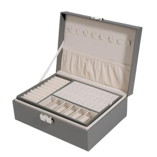 DTQBYOY Aufbewahrungsbox Doppelschichtige Schmuckschatulle, Aufbewahrungsbox For Ringe Und Halsketten, Schmuckschatulle Mit Schloss Aus PU-Leder, Schmuckschatulle Display-Aufbewahrungsbox(Gray) von DTQBYOY