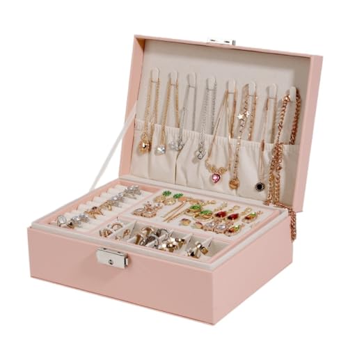 DTQBYOY Aufbewahrungsbox Doppelschichtige Schmuckschatulle, Aufbewahrungsbox For Ringe Und Halsketten, Schmuckschatulle Mit Schloss Aus PU-Leder, Schmuckschatulle Display-Aufbewahrungsbox(Pink) von DTQBYOY