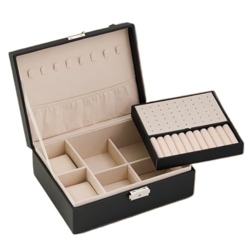 DTQBYOY Aufbewahrungsbox Doppelschichtige Schmuckschatulle Aus Leder, Schmuckschatulle for Ohrringe, Halsketten, Handschmuck Mit Schloss, Schmuckaufbewahrungsbox Display-Aufbewahrungsbox(Black) von DTQBYOY