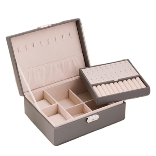 DTQBYOY Aufbewahrungsbox Doppelschichtige Schmuckschatulle Aus Leder, Schmuckschatulle for Ohrringe, Halsketten, Handschmuck Mit Schloss, Schmuckaufbewahrungsbox Display-Aufbewahrungsbox(Gray) von DTQBYOY