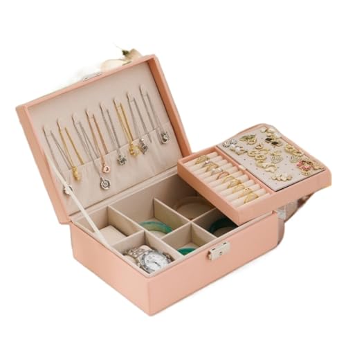 DTQBYOY Aufbewahrungsbox Doppelschichtige Schmuckschatulle Aus Leder, Schmuckschatulle for Ohrringe, Halsketten, Handschmuck Mit Schloss, Schmuckaufbewahrungsbox Display-Aufbewahrungsbox(Pink) von DTQBYOY