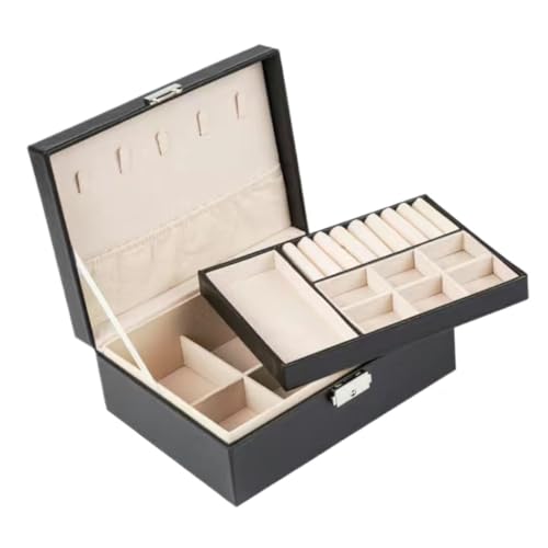 DTQBYOY Aufbewahrungsbox Doppelschichtige Schmuckschatulle Aus Leder Mit Schloss, Aufbewahrungsbox For Schmuck, Ohrringe, Halsketten, Armbänder, Aufbewahrungsbox Display-Aufbewahrungsbox(Black) von DTQBYOY