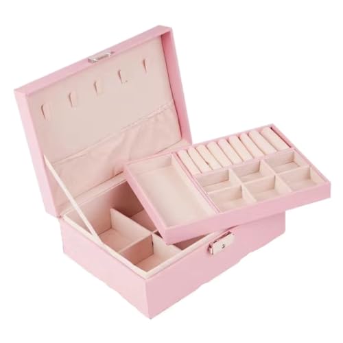 DTQBYOY Aufbewahrungsbox Doppelschichtige Schmuckschatulle Aus Leder Mit Schloss, Aufbewahrungsbox For Schmuck, Ohrringe, Halsketten, Armbänder, Aufbewahrungsbox Display-Aufbewahrungsbox(Pink) von DTQBYOY