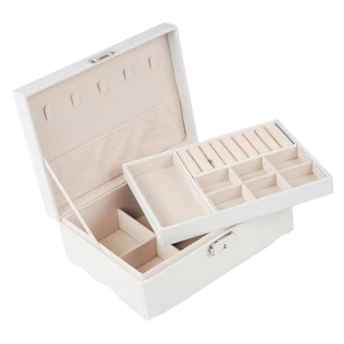 DTQBYOY Aufbewahrungsbox Doppelschichtige Schmuckschatulle Aus Leder Mit Schloss, Aufbewahrungsbox For Schmuck, Ohrringe, Halsketten, Armbänder, Aufbewahrungsbox Display-Aufbewahrungsbox(White) von DTQBYOY