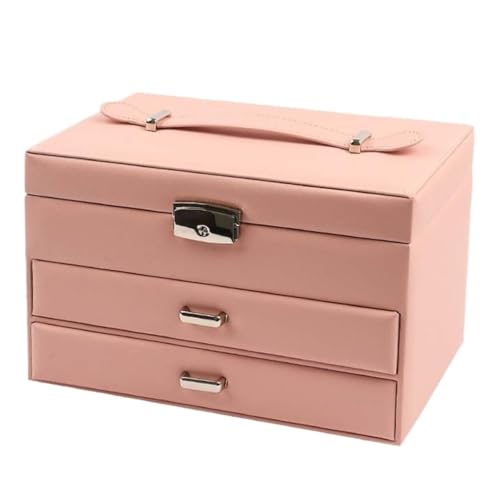 DTQBYOY Aufbewahrungsbox Dreischichtige Schmuckschatulle Aus PU-Leder, Schmuckaufbewahrungsbox, Schmuckkoffer, Schubladen-Schmuckverpackungsbox Display-Aufbewahrungsbox(Pink) von DTQBYOY