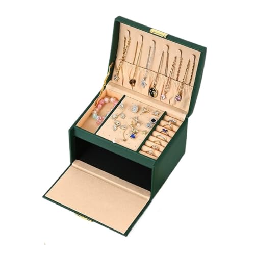 DTQBYOY Aufbewahrungsbox Dreischichtige tragbare Schmuckschatulle mit doppelter Schublade, Halskette, Ring, Schmuck, Aufbewahrungsbox, einfach multifunktional Display-Aufbewahrungsbox(Green) von DTQBYOY