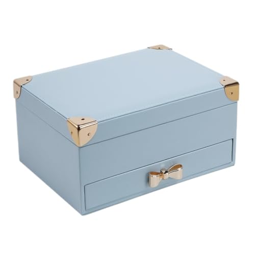 DTQBYOY Aufbewahrungsbox Einfache Leichte Luxus-Schmuckaufbewahrungsbox Aus PU-Leder Im Europäischen Stil, Schmuckschatulle Mit Schleife Und Schublade Display-Aufbewahrungsbox(Blue) von DTQBYOY