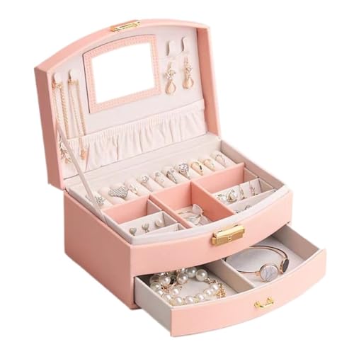 DTQBYOY Aufbewahrungsbox Einfache Schmuckschatulle Aus Leder, Fächerförmige, Doppelschichtige Schublade Mit Schloss, Aufbewahrungsbox for Ohrringe, Halsketten Und Ringe Display-Aufbewahrungsbox(Pink) von DTQBYOY