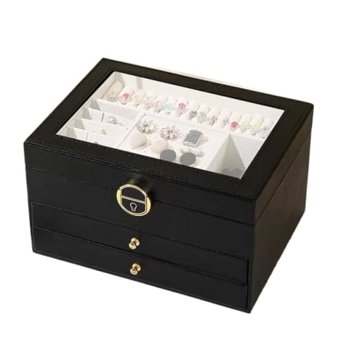 DTQBYOY Aufbewahrungsbox Leichte, luxuriöse, einfache Schmuckschatulle mit Fenster for Ringe, Ohrringe, Heim-Desktop-Armbänder, Antioxidations-Schmuckaufbewahrungsbox Display-Aufbewahrungsbox(Black) von DTQBYOY