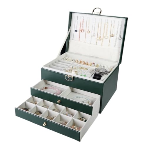 DTQBYOY Aufbewahrungsbox Schlichte, Leichte, Luxuriöse Dreilagige Schmuckschatulle Aus PU-Leder Mit Zwei Schubladen, Aufbewahrungsbox for Prinzessinnen-Schmuck Display-Aufbewahrungsbox(Green) von DTQBYOY