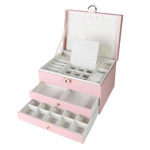 DTQBYOY Aufbewahrungsbox Schlichte, Leichte, Luxuriöse Dreilagige Schmuckschatulle Aus PU-Leder Mit Zwei Schubladen, Aufbewahrungsbox for Prinzessinnen-Schmuck Display-Aufbewahrungsbox(Pink) von DTQBYOY