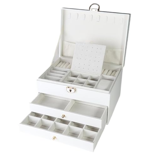 DTQBYOY Aufbewahrungsbox Schlichte, Leichte, Luxuriöse Dreilagige Schmuckschatulle Aus PU-Leder Mit Zwei Schubladen, Aufbewahrungsbox for Prinzessinnen-Schmuck Display-Aufbewahrungsbox(White) von DTQBYOY