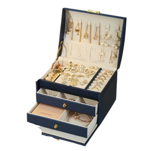 DTQBYOY Aufbewahrungsbox Schmuck Aufbewahrungsbox Ohrring Halskette Ohrringe Schmuck Aufbewahrungsbox Staubdichte Multifunktionsschloss Schmuckschatulle Display-Aufbewahrungsbox(Blue) von DTQBYOY