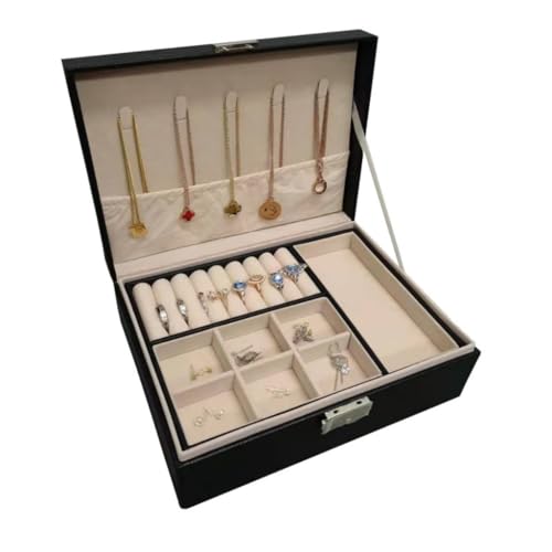 DTQBYOY Aufbewahrungsbox Schmuckschatulle mit Schloss, doppellagige Aufbewahrungsbox aus Leder mit großem Fassungsvermögen for Schmuck, Ringe, Halsketten, Ohrringe, Ohrringe Display-Aufbewahrungsbox von DTQBYOY