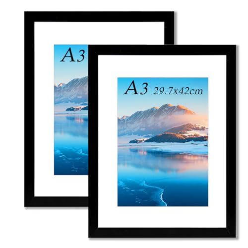 A3 Bilderrahmen 2 Pack, 29,7 x 42 cm Schwarz Holz DIN A3 Bilderrahmen, A3 Fotorahmen, Wandmontierter A3, Din A3 Bilderrahmen für A3/A4 Druck von DTXDTech