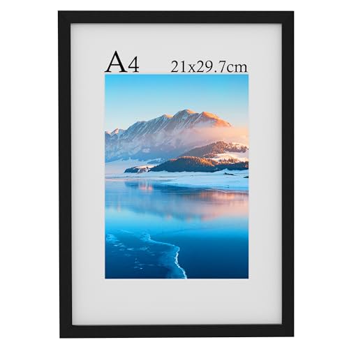 DTXDTech A4 Rahmen, 21x30 cm Schwarz Holz A4 Fotorahmen, A4 Bilderrahmen mit Passepartout, Zertifikatrahmen für Wandhalterung, für Tischdekoration A4 Schwarzer Rahmen von DTXDTech