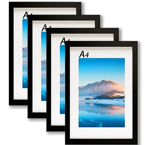 DTXDTech A4 Rahmen, 21x30 cm Schwarz Holz A4 Fotorahmen 4 Packungen, A4 Bilderrahmen mit Passepartout, Zertifikatrahmen für Wandhalterung, für Tischdekoration A4 Schwarzer Rahmen von DTXDTech