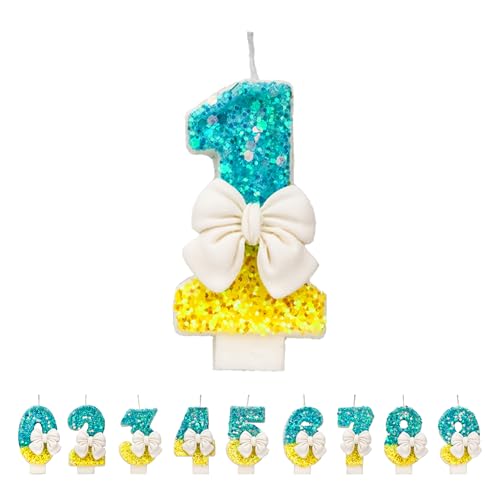 Bogen Geburtstagskerzen 1 Zahlen, 3D Blau Gelb 1st Geburtstagskerzen für Kuchen, handgemachte Glitter glänzend Geburtstag Kuchentopper - Perfekt für Thematische Geburtstagsfei von DTXLX