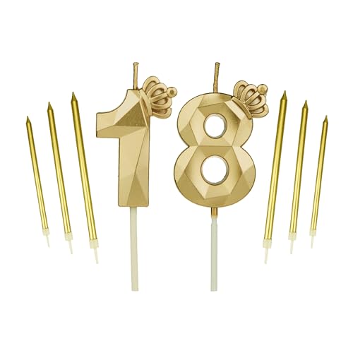 Geburtstagskerzen-Set zum 18. Geburtstag, mit 6 langen Kerzen, Geburtstagszahlen, 18 Kerzen, Happy Birthday-Kuchenaufsatz für Geburtstagspartys, Hochzeiten, Firmenjubiläum (Gold, 18) von DTXLX