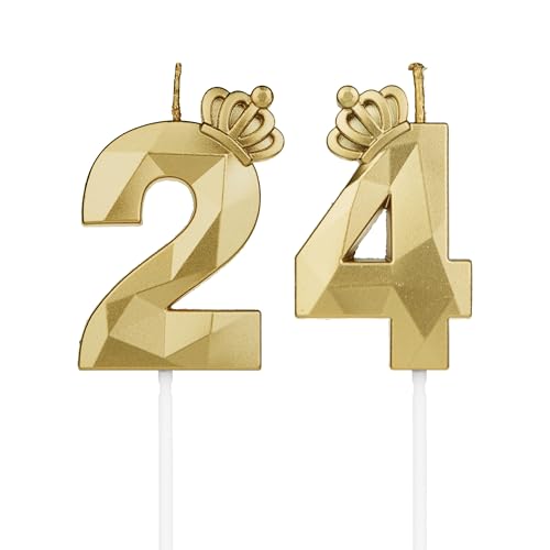 Geburtstagskerzen Zahlen 24 mit Krone，3D Kerzen Geburtstag für Kuchen geburtstagsdeko, Geburtstag Kerzen Zahlen, Geburtstagskerzen Kinder für Partys, Hochzeiten, Firmenfeiern, Jubiläen (Gold, 24) von DTXLX