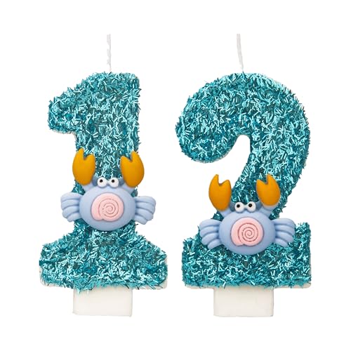 Krabben Geburtstagskerzen 12 Zahlen, 3D Blau 12st Geburtstagskerzen für Kuchen, handgemachte Glitter glänzend Geburtstag Kuchentopper - Perfekt für Thematische Geburtstagsfei von DTXLX