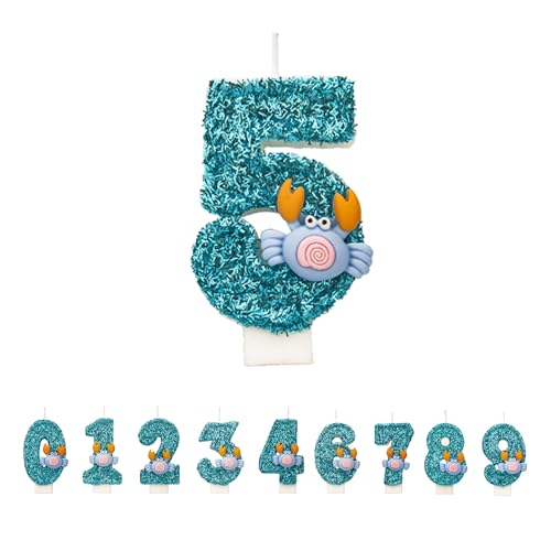 Krabben Geburtstagskerzen 5 Zahlen, 3D Blau 5st Geburtstagskerzen für Kuchen, handgemachte Glitter glänzend Geburtstag Kuchentopper - Perfekt für Thematische Geburtstagsfei von DTXLX