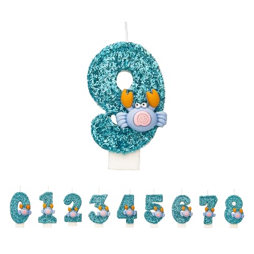 Krabben Geburtstagskerzen 9 Zahlen, 3D Blau 9st Geburtstagskerzen für Kuchen, handgemachte Glitter glänzend Geburtstag Kuchentopper - Perfekt für Thematische Geburtstagsfei von DTXLX