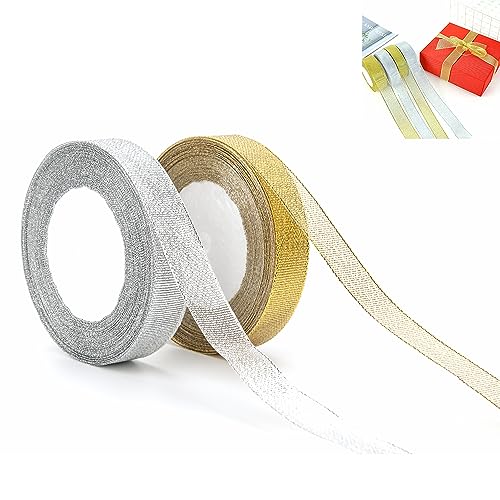 Organzaband, Goldband & Silberband, 20 mm x 22 m, 1 Rolle von jedem, DIY Handwerk für Geschenkverpackungen, Ballonband, Hochzeitsautoband, Dekoration (Gold + Silber (Organza)) von DTXLX