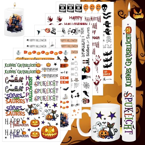 DTXYBC Halloween Kerzentattoo, 6 X DIN A5 Kerzenfolie Halloween(200+ Muster), Kerzentattoo Wassertransferdruck, Kerzentattoo für Kerzen Tasse DIY Geschenk Deko Kerzen für Halloween Party von DTXYBC