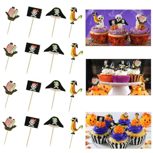 DTYGUIXE 48 Stücke Pirate Kuchen Topper Umweltfreundliche Halloween Cupcake Toppers 4 Muster Cupcake Picks Deko Flaggen Kuchen Topper Piraten Kuchendekoration für Geburtstag, Hochzeit, Halloween Party von DTYGUIXE