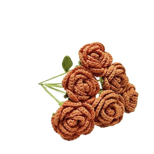 DUANGYMM Häkelblume, Gestrickte Blumen, 6 stücke Handgemachte Gestrickte Rose Künstliche Blumen Geflochtene Gefälschte Blume Häkeln Bouquet Dekoration Ornament Tisch(Orange) von DUANGYMM