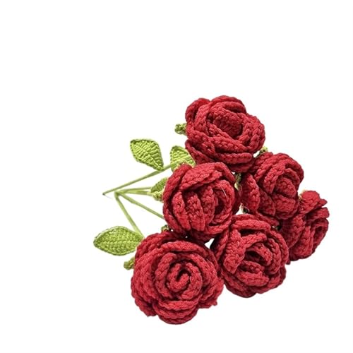 DUANGYMM Häkelblume, Gestrickte Blumen, 6 stücke Handgemachte Gestrickte Rose Künstliche Blumen Geflochtene Gefälschte Blume Häkeln Bouquet Dekoration Ornament Tisch(Red) von DUANGYMM