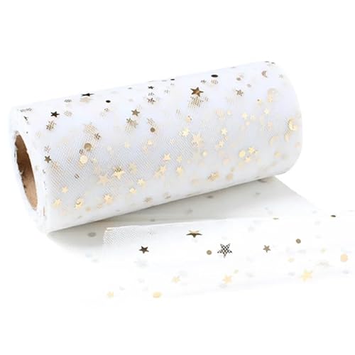 DUANSIYU TüLl 15 cm * 25 Yards Sterne Mond Tüll Rollen Pailletten Tüll Mesh Tutu Rock Hochzeit Party Dekoration TüLl Meterware(White) von DUANSIYU