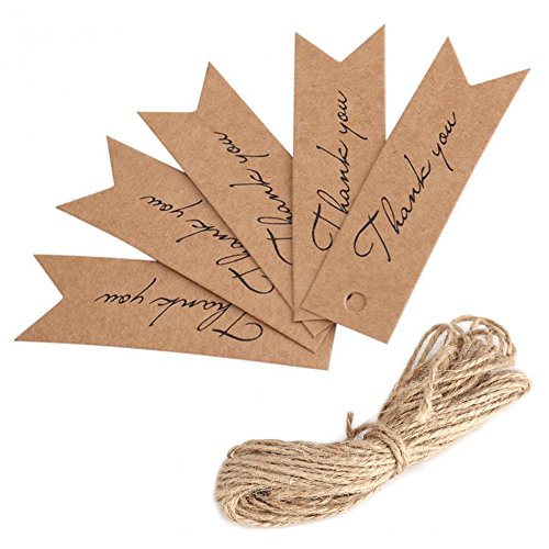 DUBENS 100 Stück Geschenk Anhänger (Thank You), 7 x 2 CM kraftpapier Papieranhänger Hängeetiketten Anhängeetiketten Tags Geschenkanhänger Etiketten mit Jute-Schnur 10 Meter (Braun) von DUBENS