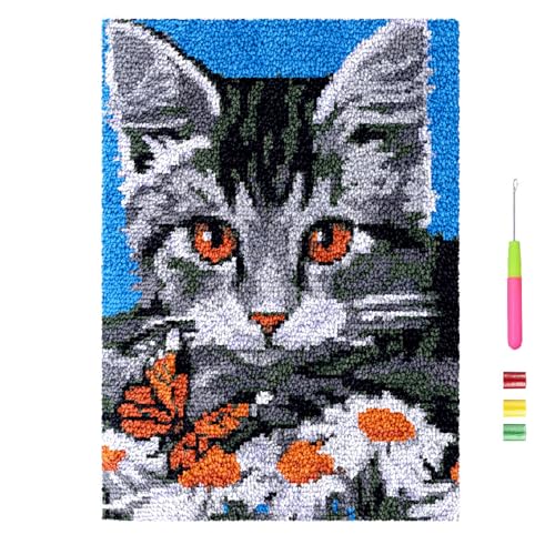 DUBENS Katze-Muster Knüpfteppich Zum Selber Knüpfen Knüpfset, Groß Knüpfhaken Teppich Set für Wohnkultur, DIY Handwerk Geschenke Tapisserie Für Erwachsene Anfänger (75cmx55cm,Schwarz) von DUBENS