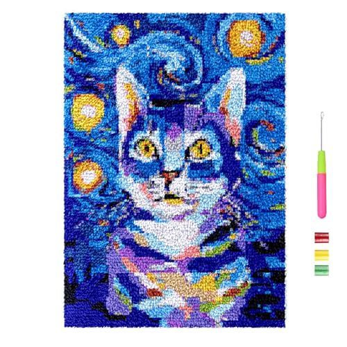 DUBENS Katze-Muster Knüpfteppich Zum Selber Knüpfen Knüpfset, Groß Knüpfhaken Teppich Set für Wohnkultur, DIY Handwerk Geschenke Tapisserie Für Erwachsene Anfänger (75cmx55cm,Stern) von DUBENS