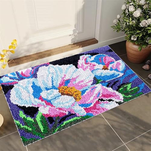 DUBENS Knüpfteppich Zum Selber Knüpfen-Sets, DIY Kreativ-Blumen-Muster Teppich mit Vorgedrucktes, Groß Knüpfhaken Stickerei Handwerk für Erwachsene,Haustiere Warm Pads (60cmx40cm,A) von DUBENS