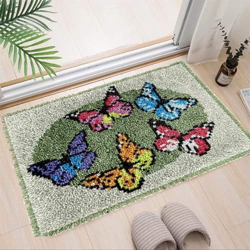 DUBENS Knüpfteppich für Kinder und Erwachsene, DIY Schmetterling Teppich Set Knüpfen Für Anfänger, Knüpfset Bastelset mit Garnen, Latch Hook Kits (Grün,60cmx40cm) von DUBENS