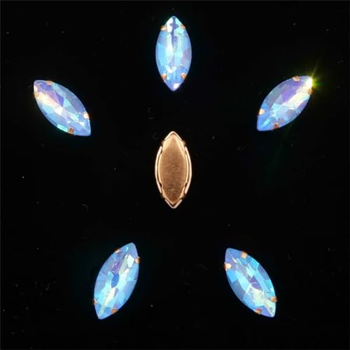 Aufgenähte Strasskrallen, Kristalle in Krallenform 20 Stück Navette-Form Glaskristall 7 * 15 mm Gold Krallenfassungen for Aufnähen von Strass-Pferdeaugen-Kristallen(7x15mm 20pcs A20 Lt sapphire AB) von DUBTEDHOU