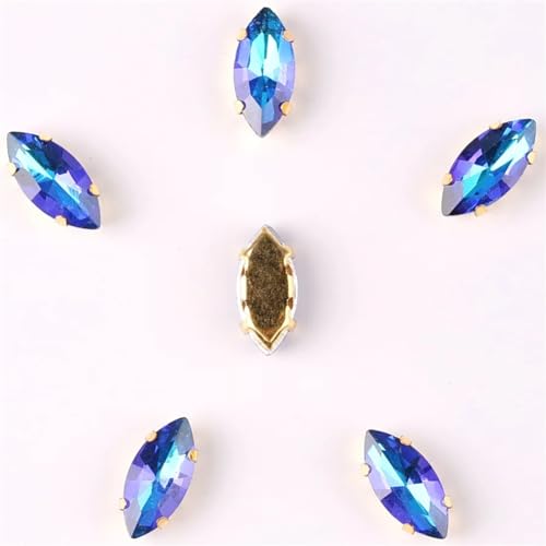 Aufgenähte Strasskrallen, Kristalle in Krallenform 20 Stück Navette-Form Glaskristall 7 * 15 mm Gold Krallenfassungen for Aufnähen von Strass-Pferdeaugen-Kristallen(7x15mm 20pcs A4 Sapphire RB) von DUBTEDHOU