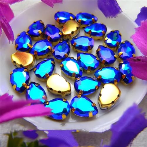 Aufgenähte Strasskrallen, Kristalle in Krallenform AB Farben Gold Krallenfassungen for Aufnähen von Strassperlen, Wassertropfen, Tropfenform, Glaskristall-Applikation(13x18mm 20pcs A5 Sapphire AB) von DUBTEDHOU