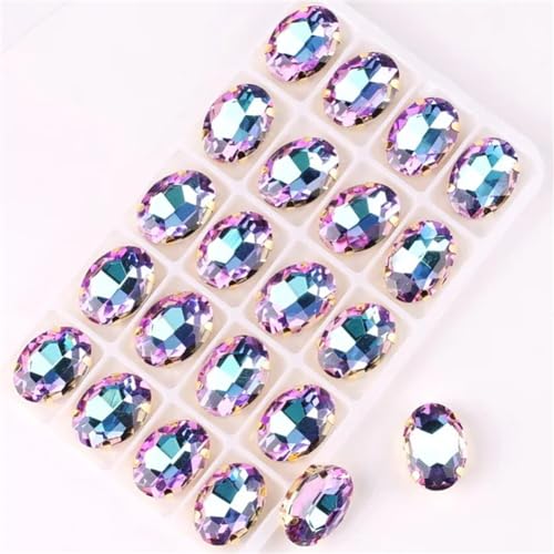 Aufgenähte Strasskrallen, Kristalle in Krallenform Ovale Form, goldene Krallenfassungen for Aufnähen von Strass-Applikation, 20 Stück/Packung, Farben gemischt, Glaskristall(10x14mm 20pcs A13 Violet RB von DUBTEDHOU