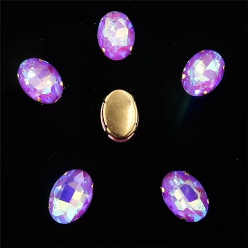 Aufgenähte Strasskrallen, Kristalle in Krallenform Ovale Form, goldene Krallenfassungen for Aufnähen von Strass-Applikation, 20 Stück/Packung, Farben gemischt, Glaskristall(10x14mm 20pcs A29 Purple AB von DUBTEDHOU