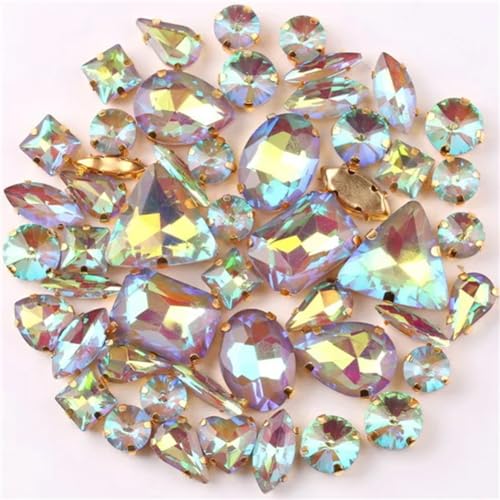 DUBTEDHOU Aufgenähte Strasskrallen, Kristalle in Krallenform 50 Teile/Beutel Gold Krallenfassungen Aufnäher Strass Formen Mix Farben Mix Glas Kristall Hochzeit DIY Trim(50pcs Lt Topaz AB) von DUBTEDHOU