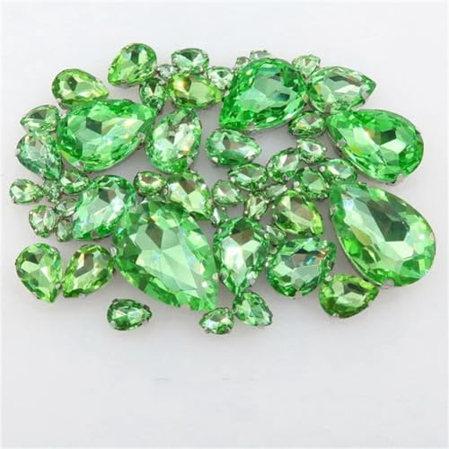 DUBTEDHOU Aufgenähte Strasskrallen, Kristalle in Krallenform 50 Teile/Beutel Silber Krallenfassung Aufnäher Strass 7 Größen Mix Wassertropfenform Glaskristall Applikation(A10 Peridot) von DUBTEDHOU