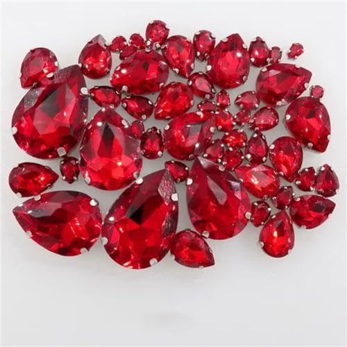 DUBTEDHOU Aufgenähte Strasskrallen, Kristalle in Krallenform 50 Teile/Beutel Silber Krallenfassung Aufnäher Strass 7 Größen Mix Wassertropfenform Glaskristall Applikation(A22 Dark red) von DUBTEDHOU